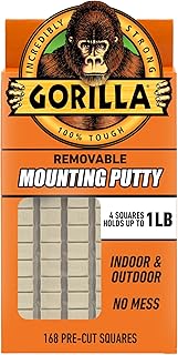 Gorilla Removable Mounting Putty, Reusable Tack, 168 Pre Cut Squares | Repositionable adhesive putty holds up to 2 lbs. No-mess mounting for posters, signs & décor, indoors or out