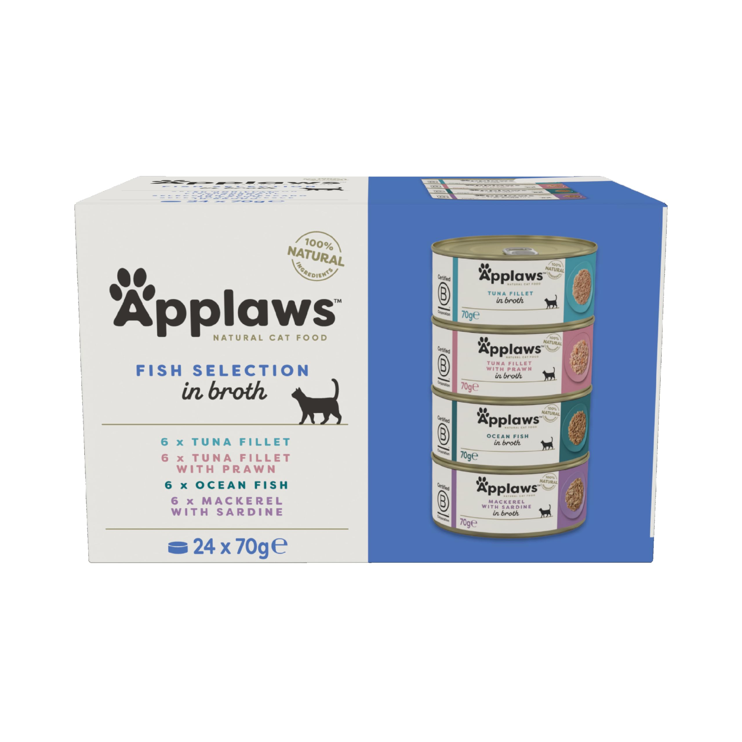 Applaws 100% Natural Wet Cat Food, Multipack Fish Selection in Broth 70g Tin (24