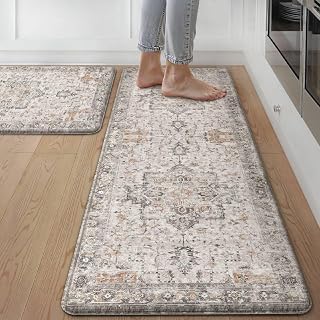 GENIMO Anti Fatigue Kitchen Mats for Floor 2PCS, Standing Rugs,GrayTaupe | 17.3"x47"+17.3"x30", Vintage Boho Cushioned Set, Waterproof, Non Slip, Easy-Clean for Home, Laundry,Sink, Office, Farmhouse