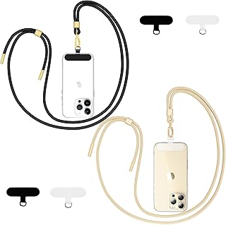 Qyoocom Mobile Phone Chain Universal for All Smartphones, Pack of 2 Lanyard Chains for Hanging with 4 Universal Pads, Adjustable and Removable (Black+Gold)