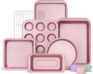 KITESSENSU Baking Pans Sets, Nonstick Bakeware Sets 19-Piece with Round/Square Cake Pan, Loaf Pan, Muffin Pan, Cookie Sheet, Roast Pan, Cooling Rack, Carbon Steel Bake Set Pink