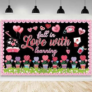 AIBIIN Happy Valentines Day Bulletin Board Decorations Backdrop Fall in Love with Learning Valentine's Day Decorations Classroom Banner Pink Valentines Day Party Decorations 70.8x43.3 inch