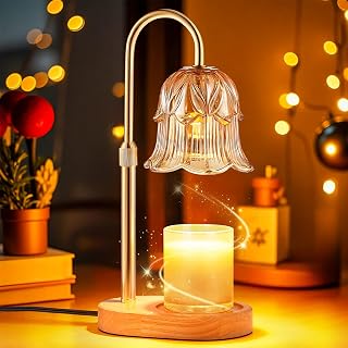 Candle Warmer Lamp with Timer, Dimmable, Adjustable Height, Gold | Electric halogen wax warmer with floral glass shade and wood base for jar candles, bedrooms, living rooms and home decor