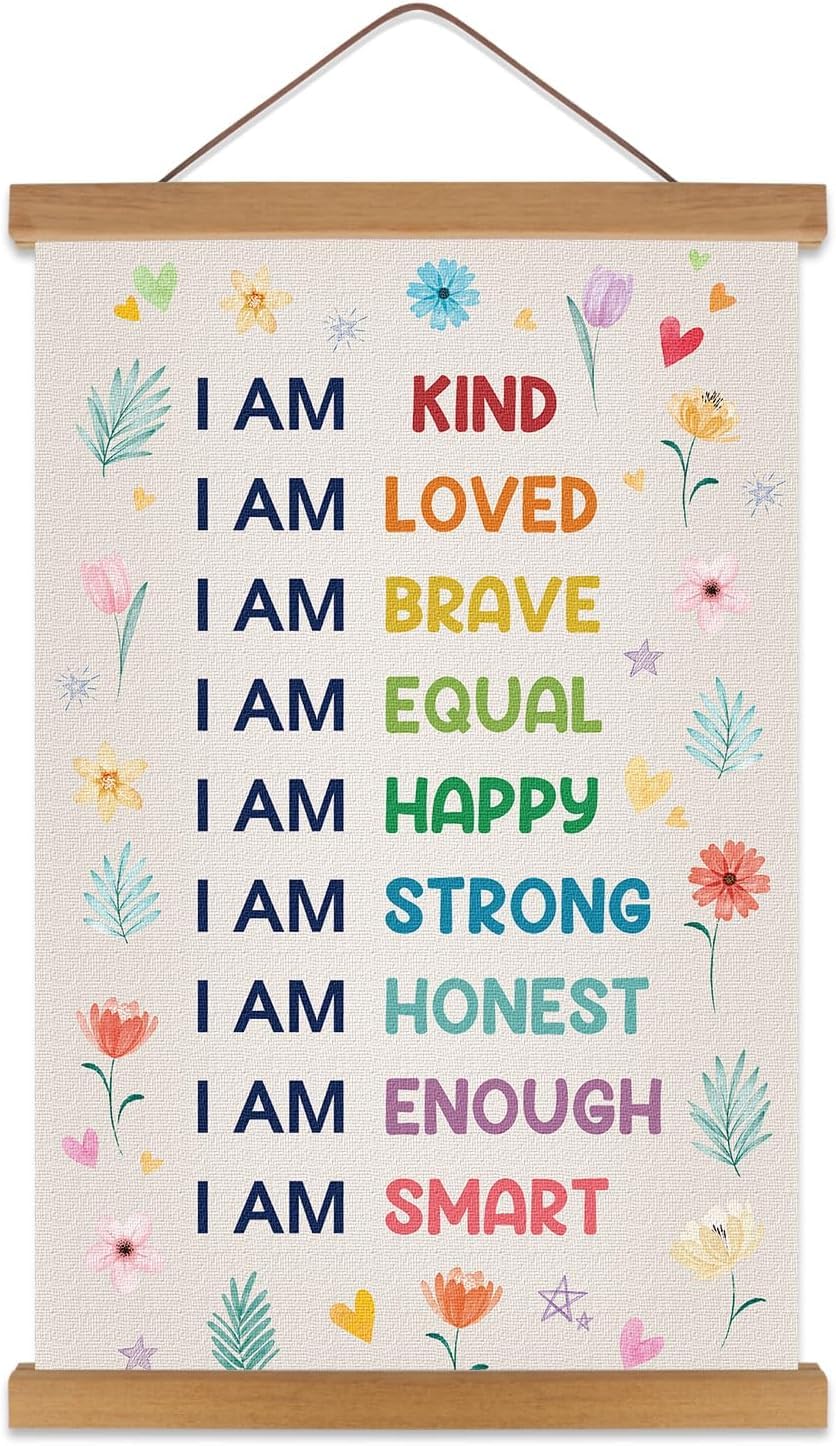 KAIRNE Floral Kids Positive Affirmations Canvas Hanging Scroll Wall Decor