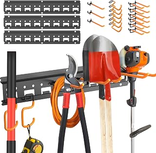 Garden Tool Organizer Wall Mount - Garage Storage and Organization Yard Tool Hanger with Adjustable Pegboard Hooks Shed Rack for Broom Mop Shovel Rake Trimmers, 48 inch Max 550lbs, Black