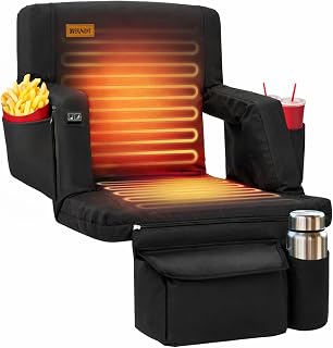Overmont Heated Stadium Seat with Back Support, Dual-Zone Heat | 3 Heat Levels with Independent Control, 6 Recline Positions, Soft Cushion, Hooks and Pockets for Sport Camping Concerts