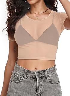 Women's Mesh Crop Top Short Sleeve See Through Sheer Blouse