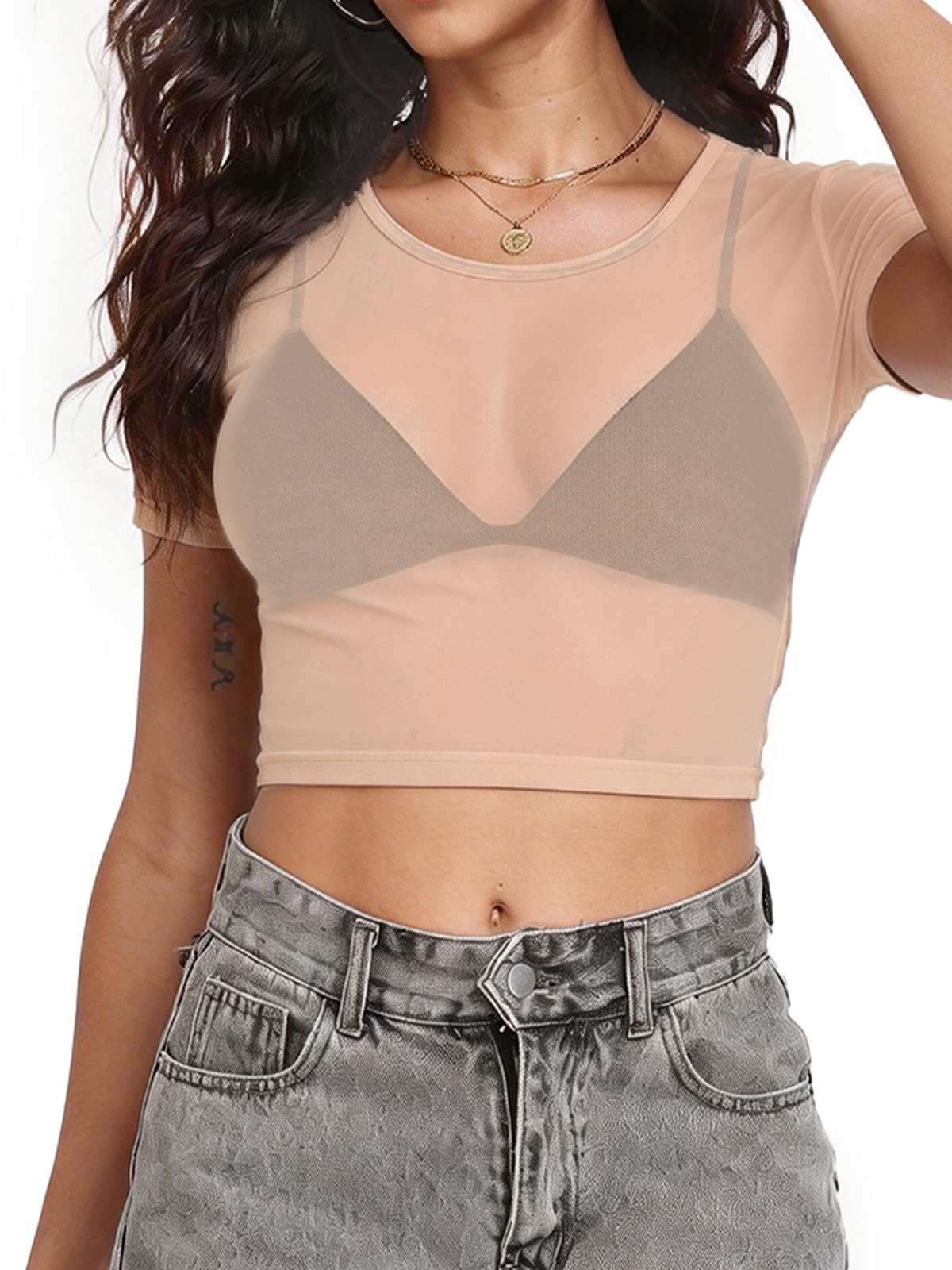 Women's Mesh Crop Top Short Sleeve See Through Sheer Blouse