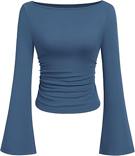 PRETTYGARDEN Women's Long Sleeve Shirts 2025 Autumn Crop Go Out Top Casual Boat Neck Bell Sleeve Ribbed Ruched Y2K Clothes