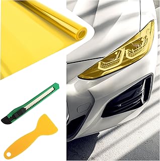 12×47 Inch Car Headlight Tint Film,Self-Adhesive Tail Light Tint Film Kit with Squeegee &amp; Cutter,Universal Taillight Tints Films Automotive Exterior Accessories for Car Fog (Yellow)