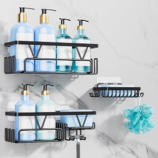 KEGII Shower Caddy, Bathroom Shelf Organiser No Drilling, Adhesive Shower Storage Rack with Soap Razor Holder, Bathroom Accessories, Black, 3 Pack