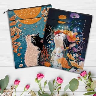 2 Pcs Watercolor Flower Cat Book Sleeve, Book Lovers Gifts Sleeve with Zipper & Front Pocket, 11.5x8.8 Inch Canvas Books Cover Protector Bookish Cat Lover Gifts for Readers Women Friend Birthday Gift