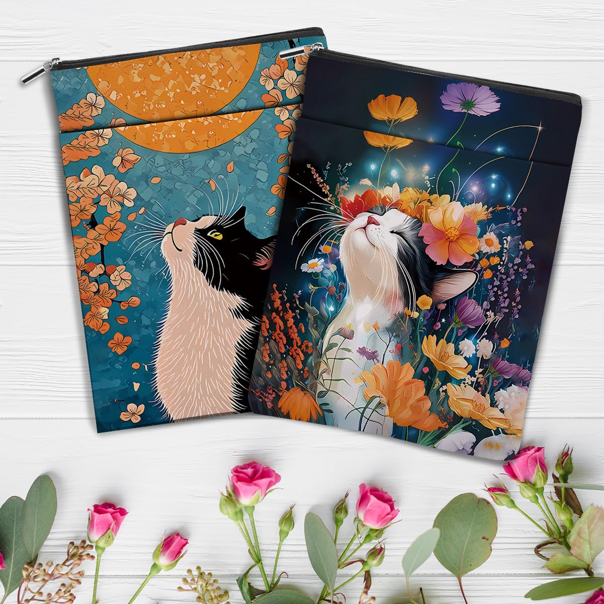 2 Pcs Watercolor Flower Cat Book Sleeve, Book Lovers Gifts Sleeve with Zipper & 