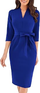 GRACE KARIN Women's Slim Fit V Neck 3/4 Sleeves Slit Back Elegant Office Midi Dress