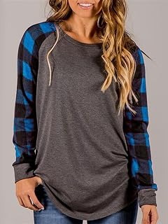 Plaid Sleeve Long Sleeve Tops for Women Casual Buffalo Check Pullover Raglan Sleeve Autumn Fashion Shirts
