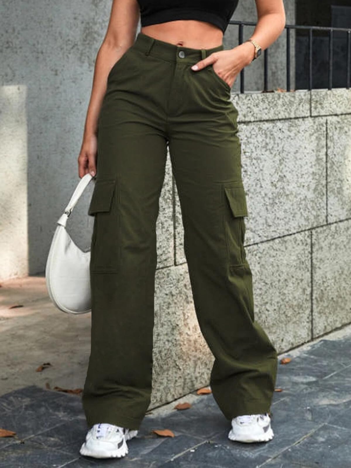 Ladies High Waist Wide Leg Casual Loose Cargo Pants Streetwear Trousers