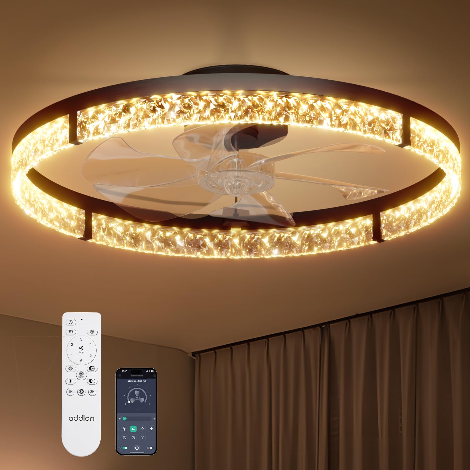 addlon 24" Low Profile Fandelier Ceiling Fans with Lights and Remote, Black | Wi