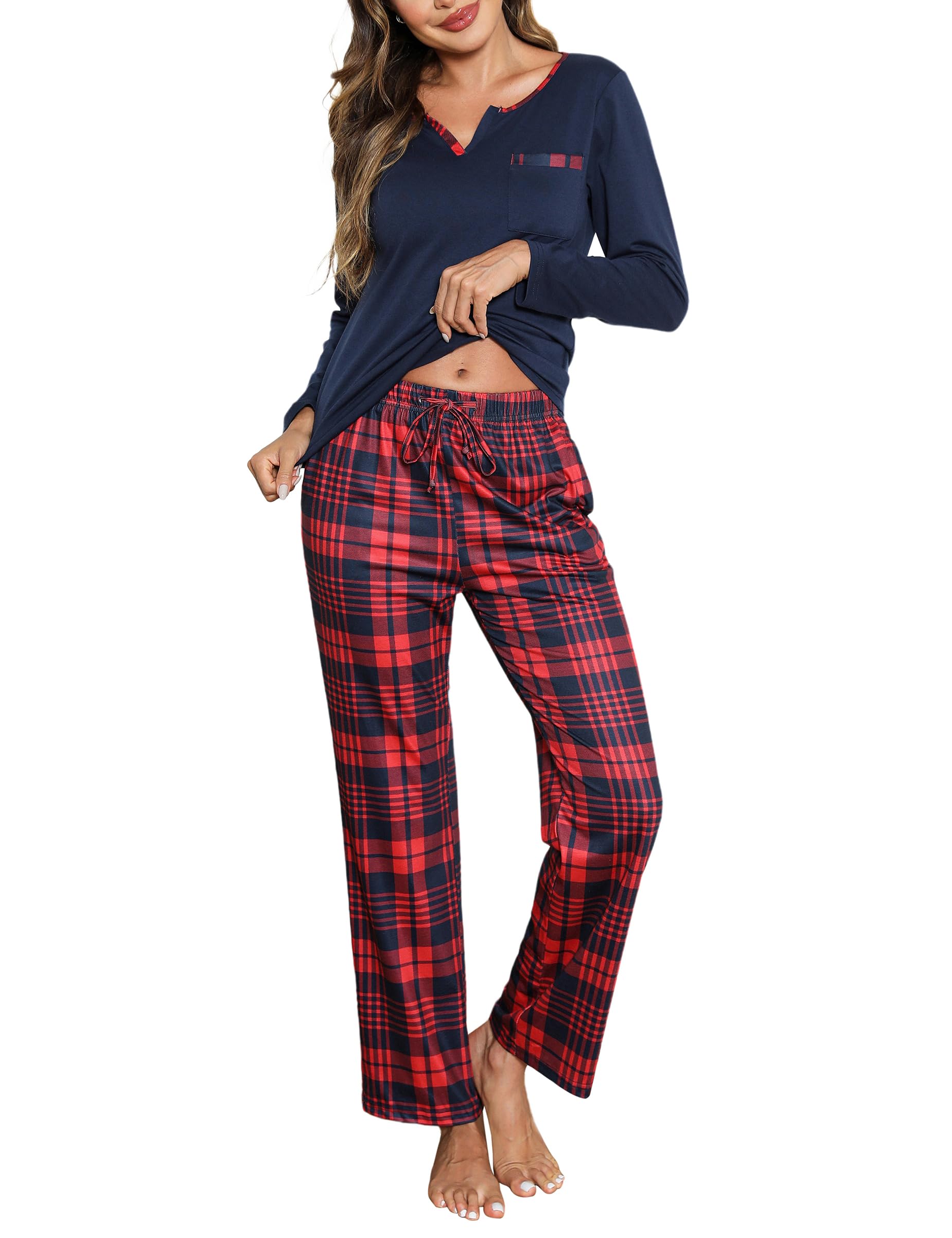Bresdk Women's Long Pyjama Set, Cotton, Checked Sleepwear
