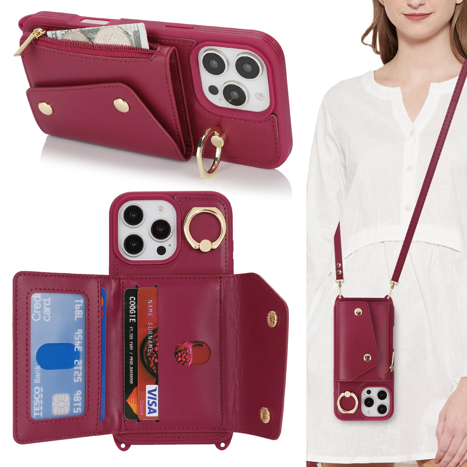 Lipvina Crossbody Wallet Case for iPhone 16 Pro,Wine Red