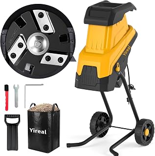 Yireal 3 Blade Electric Wood Chipper Shredder,15Amp,1.8 Inch Cutting | Portable Yard Shredder 45L Collection Bag,30:1 Reduction Ratio,Wood Mulcher for Home Garden Branches Leaves Twigs Composting