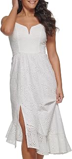 GUESS Womens Asymmetrical Cotton Eyelet Contemporary Dress