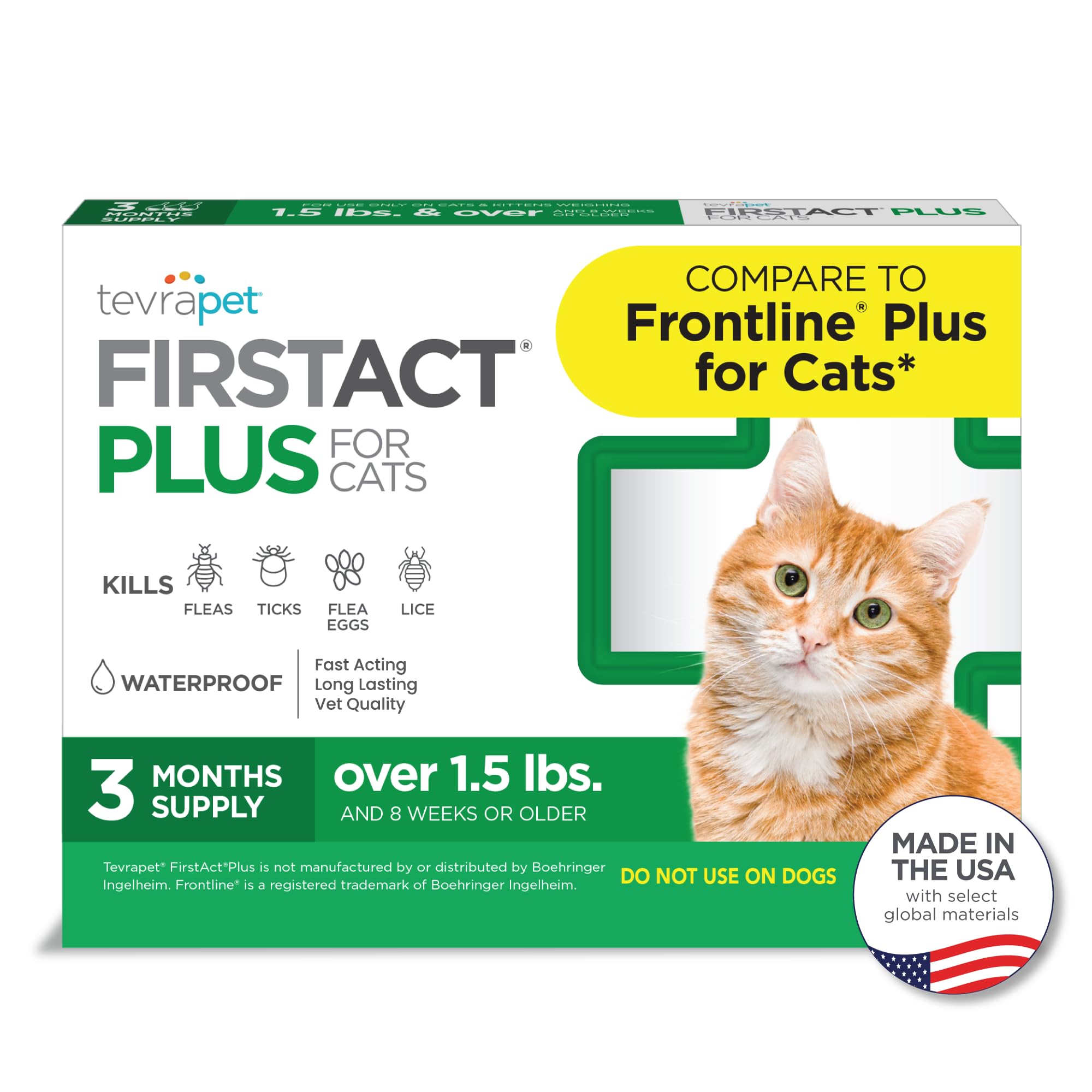 TevraPet FirstAct Plus Flea and Tick Topical for Cats over 1.5lbs, 3 Dose Waterp
