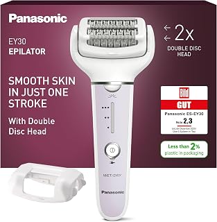 Panasonic ES-EY30 Wet/Dry Epilator Women Dual Disc with 60 Tweezers 90° Swivel Head 3 Speeds & LED Light 30min Operation Cordless Hair Remover