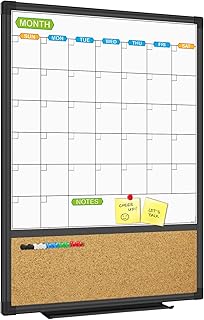 JILoffice Magnetic Calendar Whiteboard & Bulletin Corkboard Combination, Combo Board 20 x 28 Inch, Black Aluminum Frame Wall Mounted Board for Office Home and School with 10 Push Pins