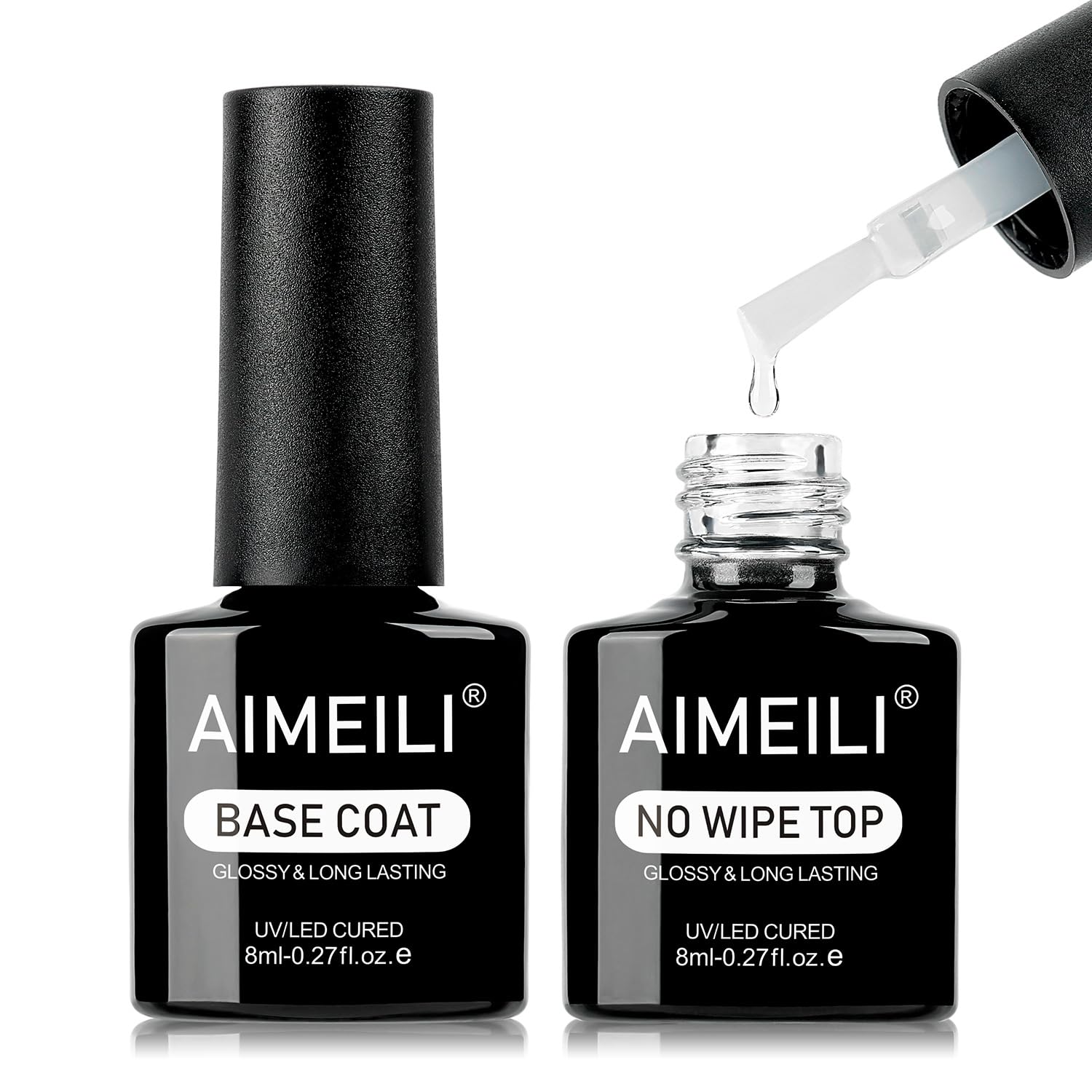 AIMEILI Gel Nail Polish No Wipe Gel Top and Base Coat Set - Shine Finish and Lon