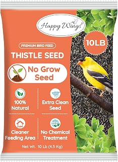 Happy Wings 10LB Thistle Seed Bird Food, 100% Natural, Extra Clean, No Grow | Oil Rich, High Fat & Energy Content, Single Grain, USDA & BRC-GS Approved, Finches, Sparrows, Chickadees, Cardinals, No Mess