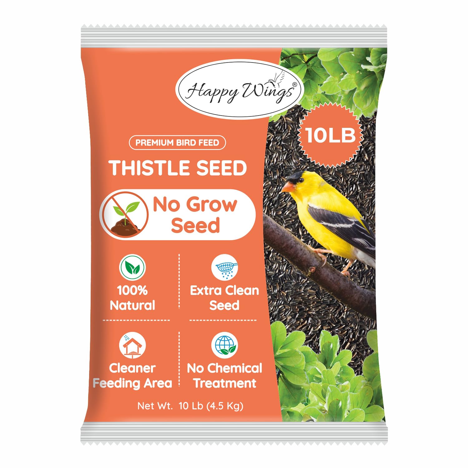 Happy Wings 10LB Thistle Seed Bird Food, 100% Natural, Extra Clean, No Grow | Oi