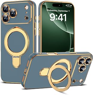 Plating Phone Case for iPhone 17 Pro with Stand 6.3", Grey Blue