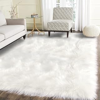 Latepis White Faux Fur Rug Rectangle Fluffy Rugs for Living Room Washable Luxury Room Decor