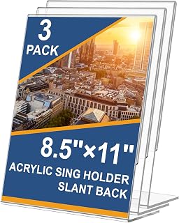 3 Pack Acrylic Sign Holder 8.5 x 11, Slant Back Acrylic Stands for Displaying, L-Shape Clear Plastic Sign Stand Frames, Unbreakable Table Menu Holder Flyer Document Stands for Restaurant, Office, School, Store