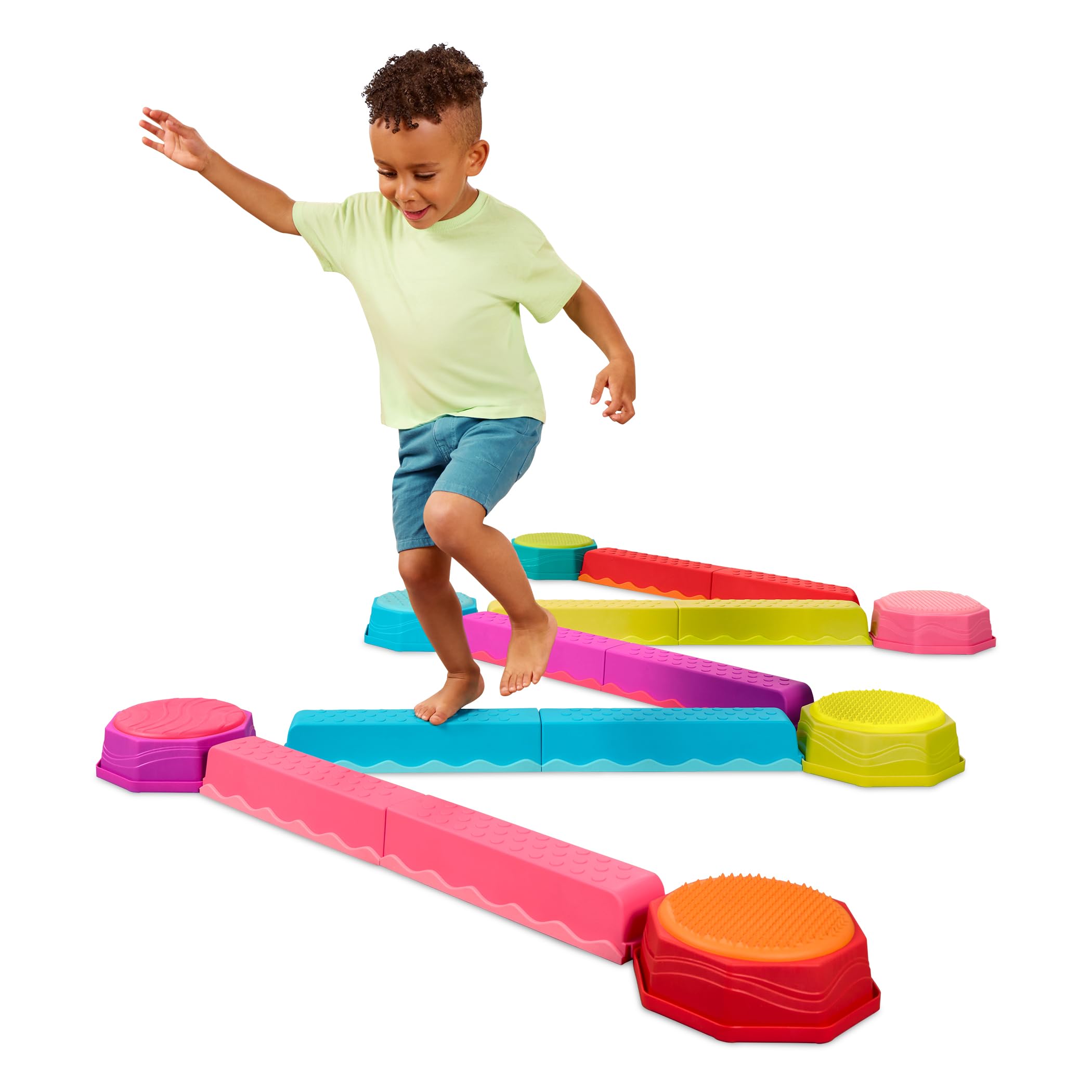 B. toys Balance Beam Set, 10 Beams & 6 Sensory Stepping Stones, Rainbow | Balanc