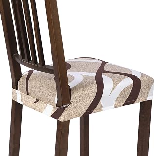 SearchI Dining Chair Seat Covers, Rear Covered, Beige, 6 | Stretch Washable Removable kitchen Chair Covers Protector Slipcover, Soft Seat Covers for Dining Room Chairs Cushion Cover