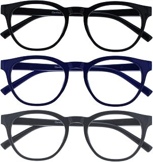 OPULIZE BLU Blue Light Blocking Reading Glasses for Men Women Anti Glare Lenses UV Protection Round Frames, 3 Pack - Black/Blue/Grey