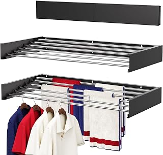 Wall Mounted Drying Rack 100cm, Foldable Laundry Drying Rack with Stainless Steel Rods, Retractable Laundry Space Saver for Indoor & Outdoor Use, Include Wall Template