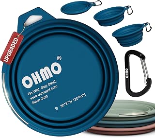 OHMO Large Collapsible Dog Bowl with Steel Ring, 800ml, Dark Blue