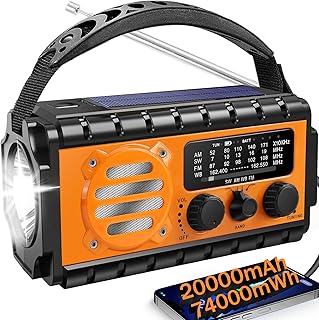 QAUYYW Solar Hand Crank Emergency Radio, 20000mAh AM FM NOAA Weather Radio | Clear radio reception, built‑in LED flashlight & reading light, phone charging and SOS distress signal for emergencies.