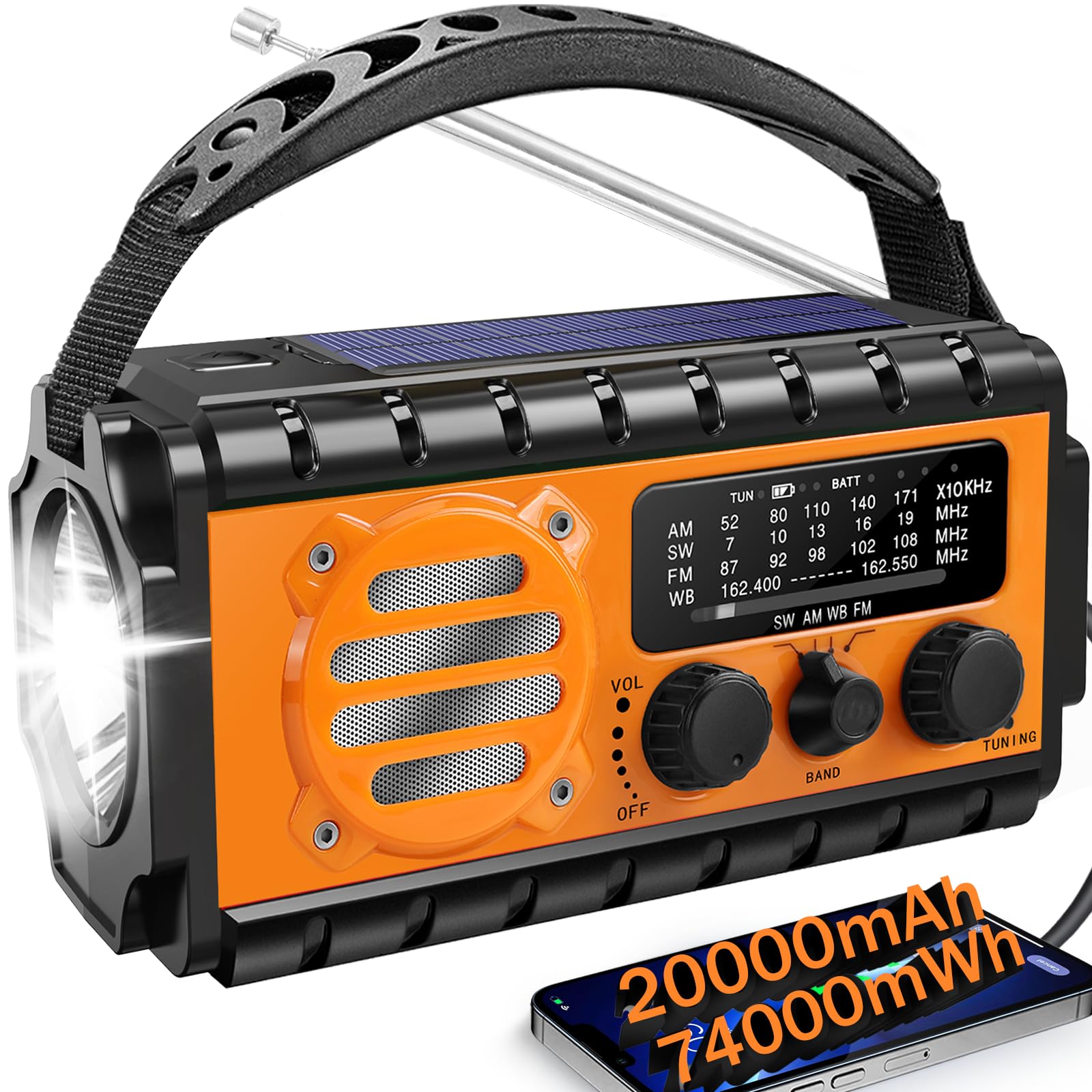 QAUYYW Solar Hand Crank Emergency Radio, 20000mAh AM FM NOAA Weather Radio | Cle