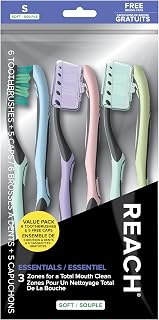Reach Essentials Soft Toothbrushes with Toothbrush Caps, 6 Count | Multi-zoned angled soft bristles, Contoured handle, Tongue scraper, 2 Caps included