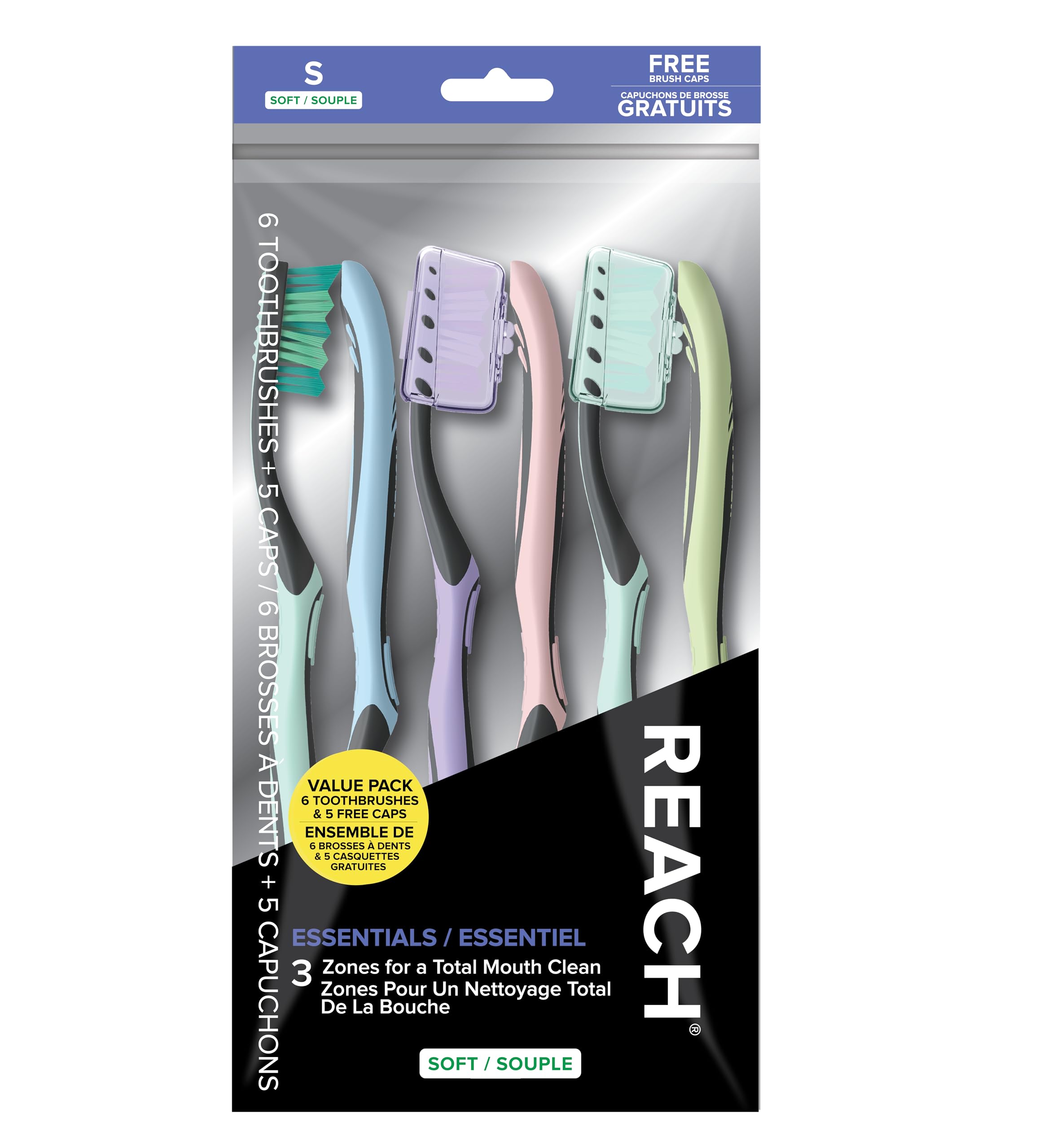 Reach Essentials Soft Toothbrushes with Toothbrush Caps, 6 Count | Multi-zoned a