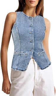 Tankaneo Women's Sleeveless Button Down Denim Tank Top