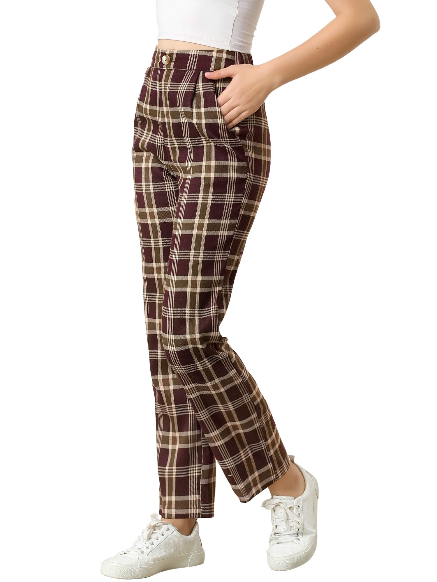 Allegra K Women's Plaid Pants Elastic Waist Casual Work Long Trousers