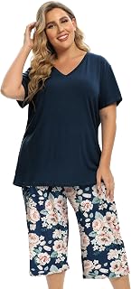 Vozanet Women's Pajamas Set Soft V Neck Sleepwear Top and Capri Pj Lounge Sets Cartoon Heart Shape Cat Nighty Plus Size