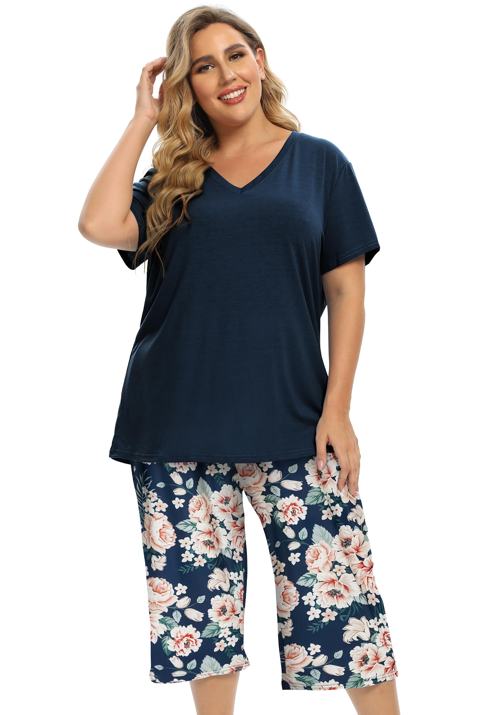 Vozanet Women's Pajamas Set Soft V Neck Sleepwear Top and Capri Pj Lounge Sets C