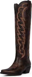 Modatope Cowboy Boots for Women Knee High Chunky Heel Butterfly Cowgirl Boots Wide Calf Pointed Toe Chunky Heel Fashion Western Boot