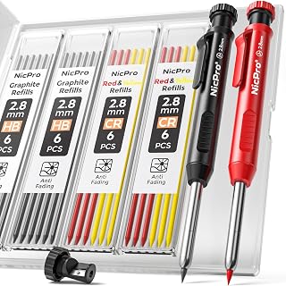 Nicpro Mechanical Carpenter Pencils for Construction (Black, Red) With Case | Deep Hole Marker Pencil Set Includes Sharpener and 26 Refills, Comfortable Grip, Heavy Duty Woodworking Tools for Architect