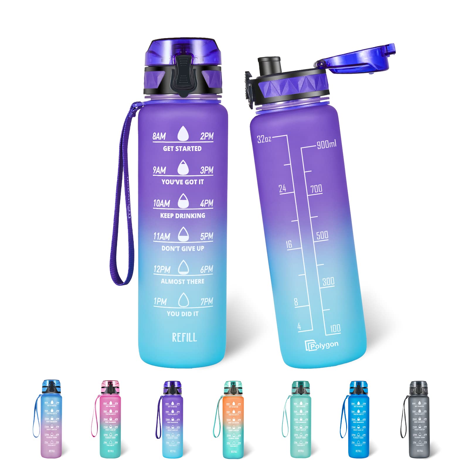 Polygon 32 Oz Water Bottle, Tritan Motivational Bottle with Time Marker | Reusab